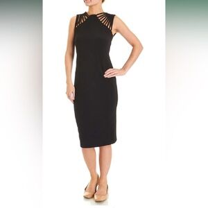 Shelby & Palmer Elegant Bodycon Black Midi Dress with Caged Shoulders.Size 6.